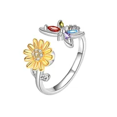 Rotatable Sunflower Fidget Ring For Women In Copper With Zircon Inlay, Anxiety Jewelry 5