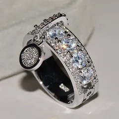 Round Alloy Ring For Unisex Featuring White K Plated Finish With 0.03µm-0.05µm Thickness And Rhinestone Inlay 2