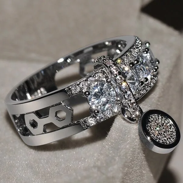 Round Alloy Ring For Unisex Featuring White K Plated Finish With 0.03µm-0.05µm Thickness And Rhinestone Inlay 5