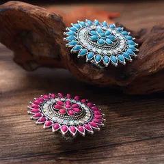Round Roman Style Ring For Women Featuring Turquoise Inlay With Antique Silver Plated Coating 0.03µm-0.05µm, 1 PCS Package 2