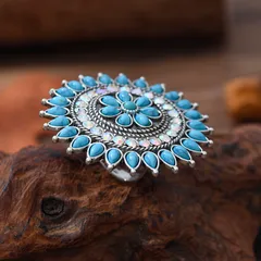 Round Roman Style Ring For Women Featuring Turquoise Inlay With Antique Silver Plated Coating 0.03µm-0.05µm, 1 PCS Package 4
