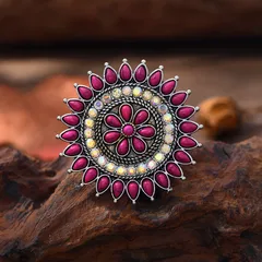 Round Roman Style Ring For Women Featuring Turquoise Inlay With Antique Silver Plated Coating 0.03µm-0.05µm, 1 PCS Package 5