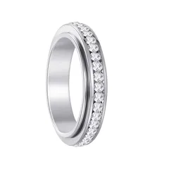 Round Titanium Steel Fidget Ring For Unisex Featuring Rotatable Craftsmanship In Steel Color With Rhinestones, Anxiety Jewelry 2