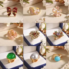 Round White Women’s Ring For Everyday Wear Featuring 18K Real Gold Plated Coating 0.03µm-0.05µm With Glass And Turquoise Inlay, 1 Piece