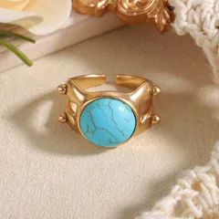 Round White Women’s Ring For Everyday Wear Featuring 18K Real Gold Plated Coating 0.03µm-0.05µm With Glass And Turquoise Inlay, 1 Piece 2