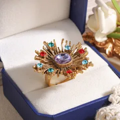 Round White Women’s Ring For Everyday Wear Featuring 18K Real Gold Plated Coating 0.03µm-0.05µm With Glass And Turquoise Inlay, 1 Piece 5