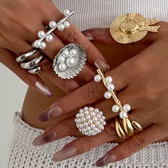 Scallop Rings For Women 3 Pieces Set In Golden Alloy With Imitation Pearl Inlay