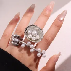 Scallop Rings For Women 3 Pieces Set In Golden Alloy With Imitation Pearl Inlay 3
