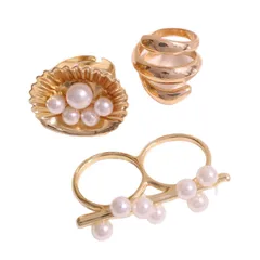 Scallop Rings For Women 3 Pieces Set In Golden Alloy With Imitation Pearl Inlay 5