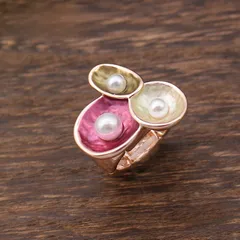 Silver Flowers Ring For Women With Enamel Craft And Imitation Pearl Inlay, Made Of Zinc Alloy 3