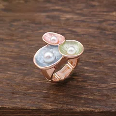 Silver Flowers Ring For Women With Enamel Craft And Imitation Pearl Inlay, Made Of Zinc Alloy 4