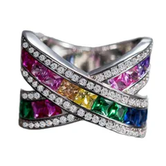 Luxurious Silver Rainbow Ring For Women In Zinc Alloy With Artificial Gemstones Featuring Electroplated Finish 2