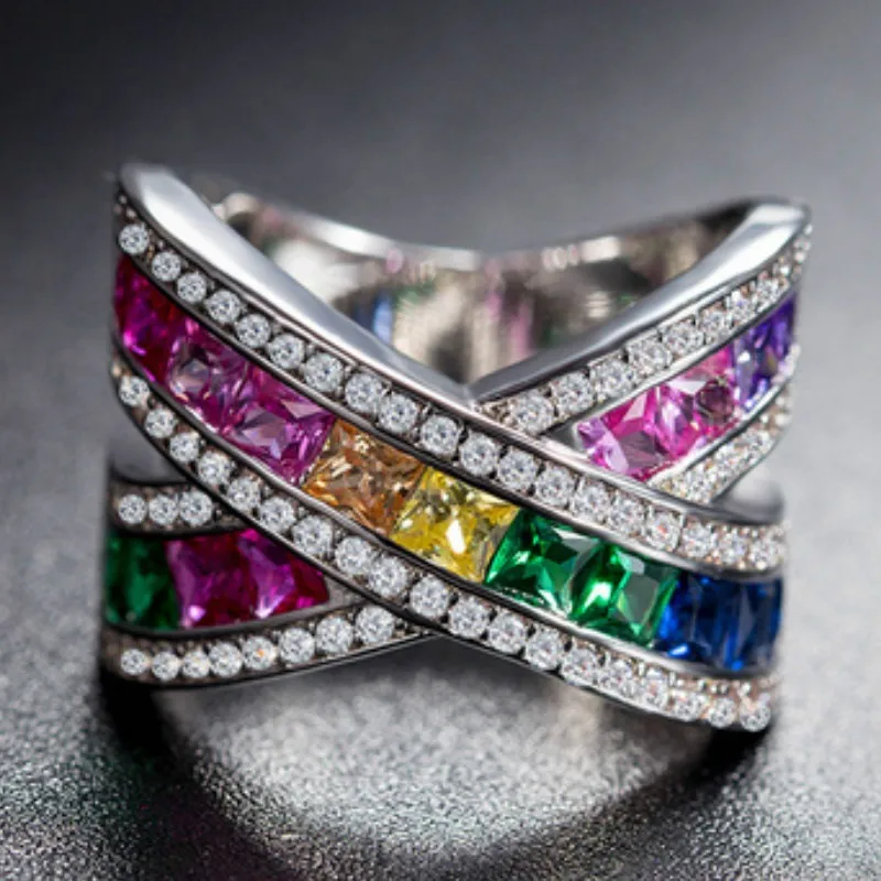 Luxurious Silver Rainbow Ring For Women In Zinc Alloy With Artificial Gemstones Featuring Electroplated Finish 4
