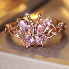Simple Style Butterfly Ring For Women In Rose Gold, Zinc Alloy With Rhinestones, Featuring Electroplated Finish 2