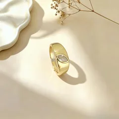 Simple Style Copper Leaf Ring For Women With Zircon Inlay, Featuring Durable PVD Coated Finish