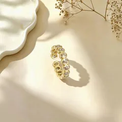 Simple Style Oval Open Ring For Women In Golden Plated Copper With Zircon, Featuring Bezel Setting