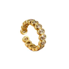 Simple Style Oval Open Ring For Women In Golden Plated Copper With Zircon, Featuring Bezel Setting 5