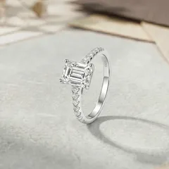 Simple Style Rectangle Open Ring For Women In 925 Sterling Silver With Rhodium Plating 0.03µm-0.05µm Featuring Moissanite 3