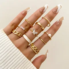 Cute Geometric Open Rings For Women In Gold With Artificial Pearl Inlay, Alloy Material, 10 Pieces Set