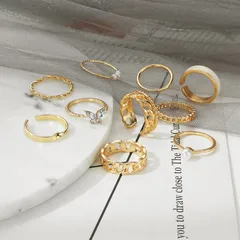 Cute Geometric Open Rings For Women In Gold With Artificial Pearl Inlay, Alloy Material, 10 Pieces Set 2