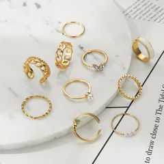 Cute Geometric Open Rings For Women In Gold With Artificial Pearl Inlay, Alloy Material, 10 Pieces Set 3