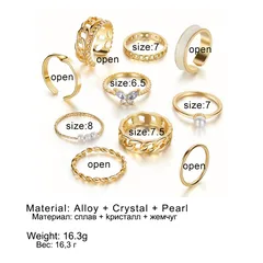 Cute Geometric Open Rings For Women In Gold With Artificial Pearl Inlay, Alloy Material, 10 Pieces Set 4