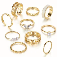 Cute Geometric Open Rings For Women In Gold With Artificial Pearl Inlay, Alloy Material, 10 Pieces Set 5