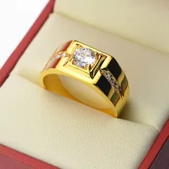 Square Alloy Unisex Ring For Everyday Wear, Golden Plated With 0.03µm-0.05µm Thickness Featuring Zircon Inlay 3