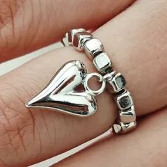 Square CCB Bead Elastic Rope Ring Jewelry Cold Tone Smooth Surface Heart Shaped Finger Ring For Women