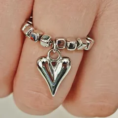 Square CCB Bead Elastic Rope Ring  Jewelry Cold Tone Smooth Surface Heart Shaped Finger Ring For Women 2