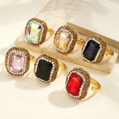 Square Open Ring For Women, 1 Pc Package, Alloy Material With 22K Real Gold Plated Coating 0.03µm And Glass Inlay