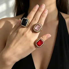 Square Open Ring For Women, 1 Pc Package, Alloy Material With 22K Real Gold Plated Coating 0.03µm And Glass Inlay 2