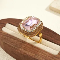 Square Open Ring For Women, 1 Pc Package, Alloy Material With 22K Real Gold Plated Coating 0.03µm And Glass Inlay 3
