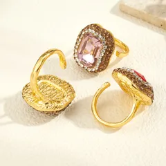 Square Open Ring For Women, 1 Pc Package, Alloy Material With 22K Real Gold Plated Coating 0.03µm And Glass Inlay 4