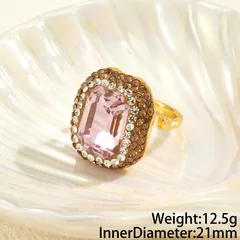 Square Open Ring For Women, 1 Pc Package, Alloy Material With 22K Real Gold Plated Coating 0.03µm And Glass Inlay 5