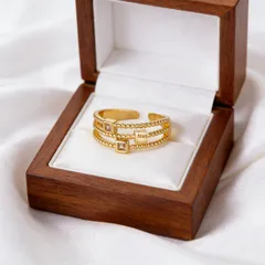 Square Open Ring Unisex Waterproof Copper With 18K Gold Plated PVD Finish And Zircon Inlay