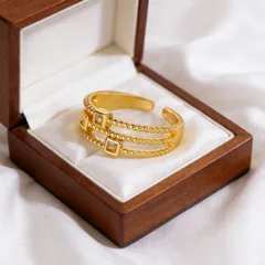 Square Open Ring Unisex Waterproof Copper With 18K Gold Plated PVD Finish And Zircon Inlay 2