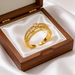 Square Open Ring Unisex Waterproof Copper With 18K Gold Plated PVD Finish And Zircon Inlay 3