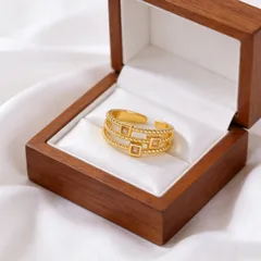 Square Open Ring Unisex Waterproof Copper With 18K Gold Plated PVD Finish And Zircon Inlay 4