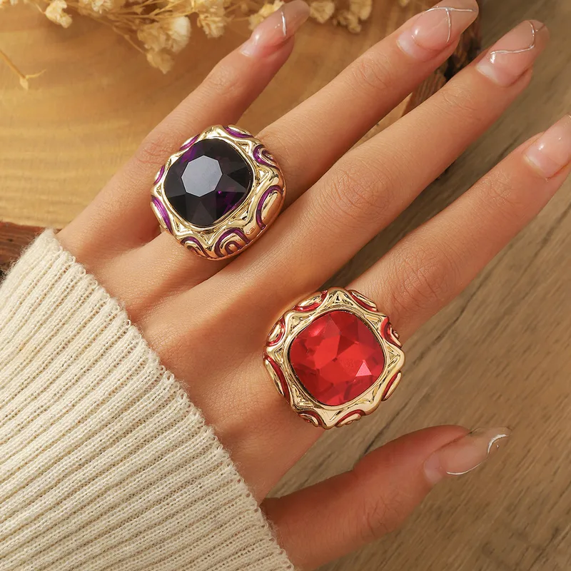 Square Ring For Women Nordic Style Golden Plated With 0.03µm-0.05µm Thickness Featuring Artificial Gemstones, 1 PCS/Package 4