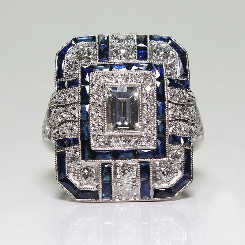 Square White Sapphire Zircon Ring Fashionable Wedding Women's Hand Jewelry Geometric Pattern Alloy Simple Style Unisex Ring 2