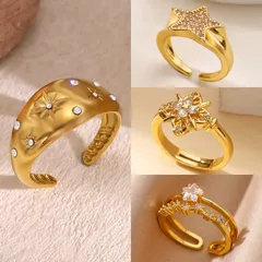 Star Open Ring For Women In Copper With 18K Real Gold Plated Electroplated Finish Featuring Zircon Inlay