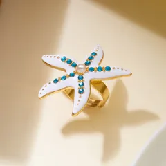 Starfish Open Ring For Unisex Made Of Zinc Alloy With KC Golden Plated Finish And Rhinestones Featuring 0.03µm-0.05µm Plating Thickness 5