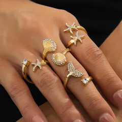 Starfish Open Ring For Women In Zinc Alloy With Golden Plated Electroplated Finish Featuring Bezel Setting 2