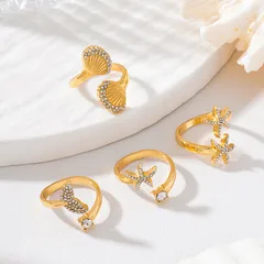 Starfish Open Ring For Women In Zinc Alloy With Golden Plated Electroplated Finish Featuring Bezel Setting 4