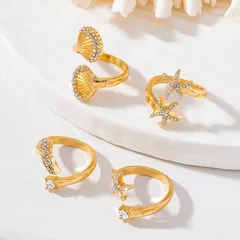 Starfish Open Ring For Women In Zinc Alloy With Golden Plated Electroplated Finish Featuring Bezel Setting 5