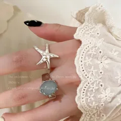 Starfish Open Rings For Women In Marine Style Blue Alloy 2 Pieces Set 4