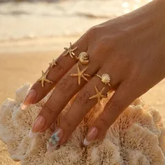 Starfish Open Rings For Women 4 Pieces Set Featuring Zinc Alloy With Shell Inlay