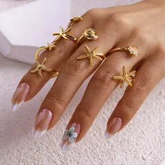 Starfish Open Rings For Women 4 Pieces Set Featuring Zinc Alloy With Shell Inlay 4