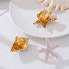 Starfish Ring For Women In Golden Plated Zinc Alloy Featuring Electroplated And Enamel Craftsmanship 3